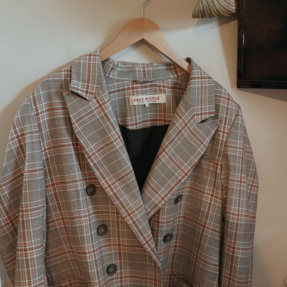 Free People Brown and Gray Blazer Classic Plaid